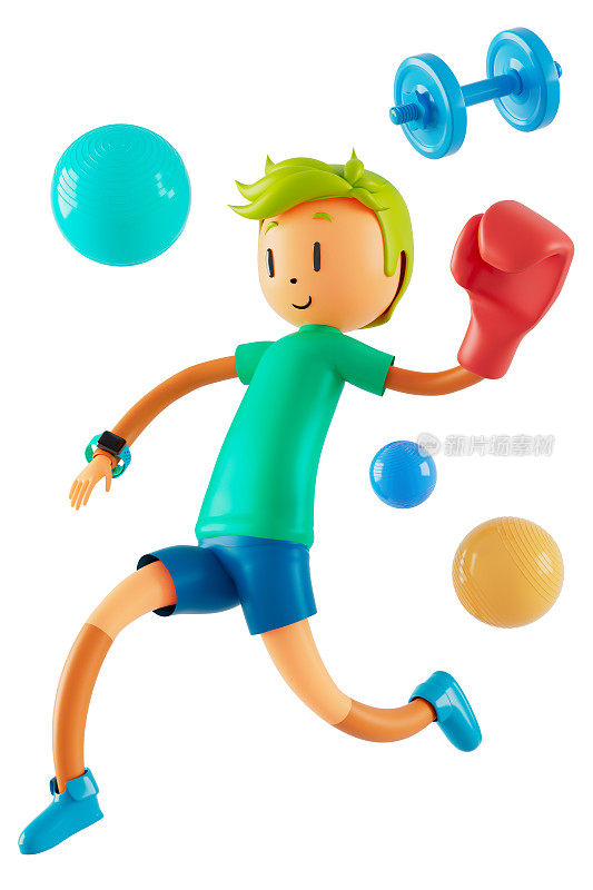 人卡通人物男孩和女孩与运动对象。3 d演示。健身活动行动。在体育比赛中的男人。健康的概念。三维球。运动的行动。智能手机智能手表设计。